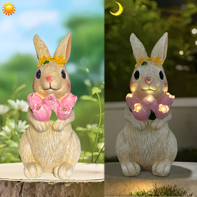 IP65 Outdoor Solar Statue Light Resin Rabbit Holding Tulip Flower Light with LED Ambient Light Courtyard Home Decoration Lawn Steps Patio Path Decoration Valentine's Day Thanksgiving Easter Halloween Christmas Holiday Gift