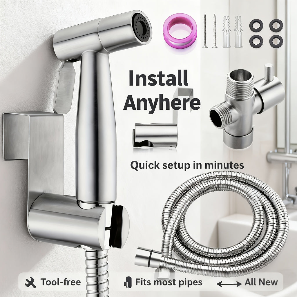 Wall Mount Handheld Bidet Sprayer Set - Includes Sprayer, Holder, Teflon Tape & Flexible Extension Hose. Quick Fit for Toilet, Bathroom & Sink; Ideal for Home Cleaning, Garden Care & Pet Washing