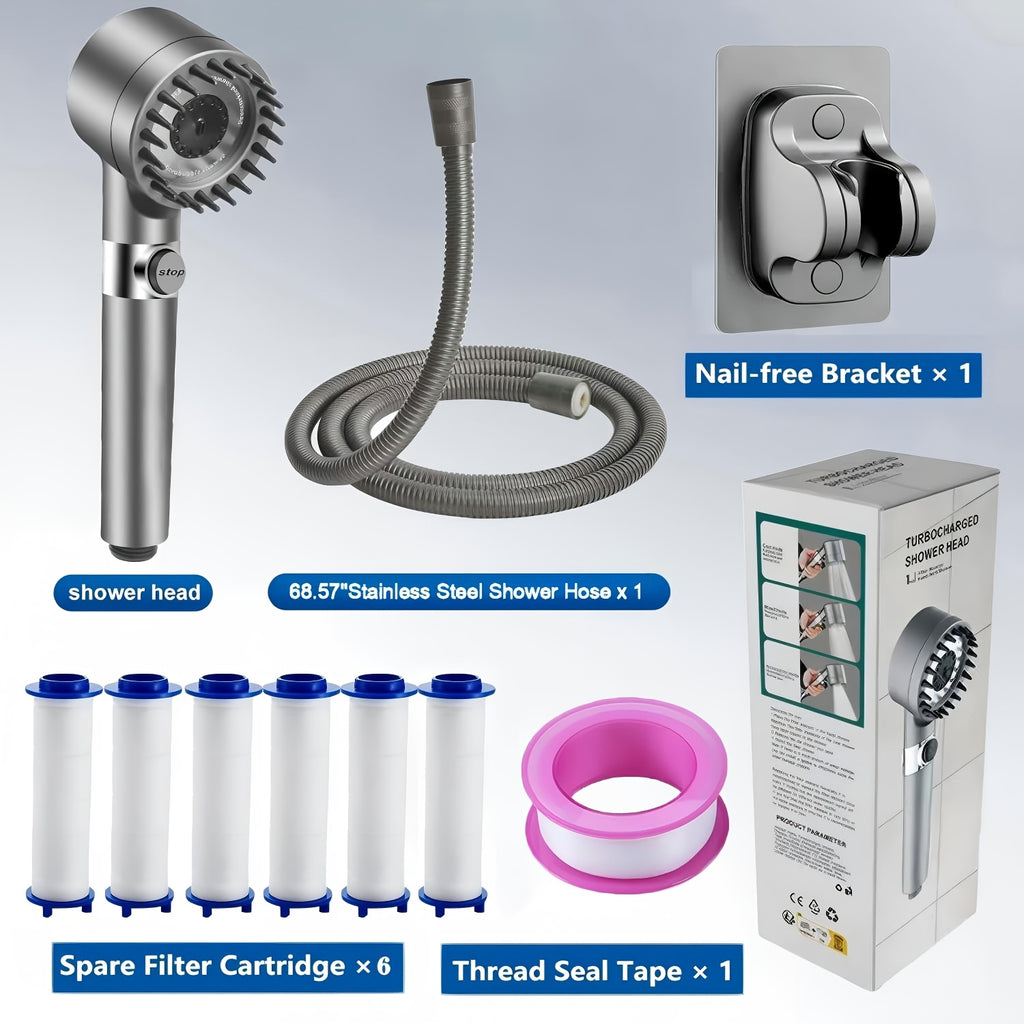 High Pressure Shower Head with Turbo Spray - Wall Mount, No Power Needed, 6-Stage Water Filter, Skin-Friendly - Rain Shower Set with 68-inch Hose
