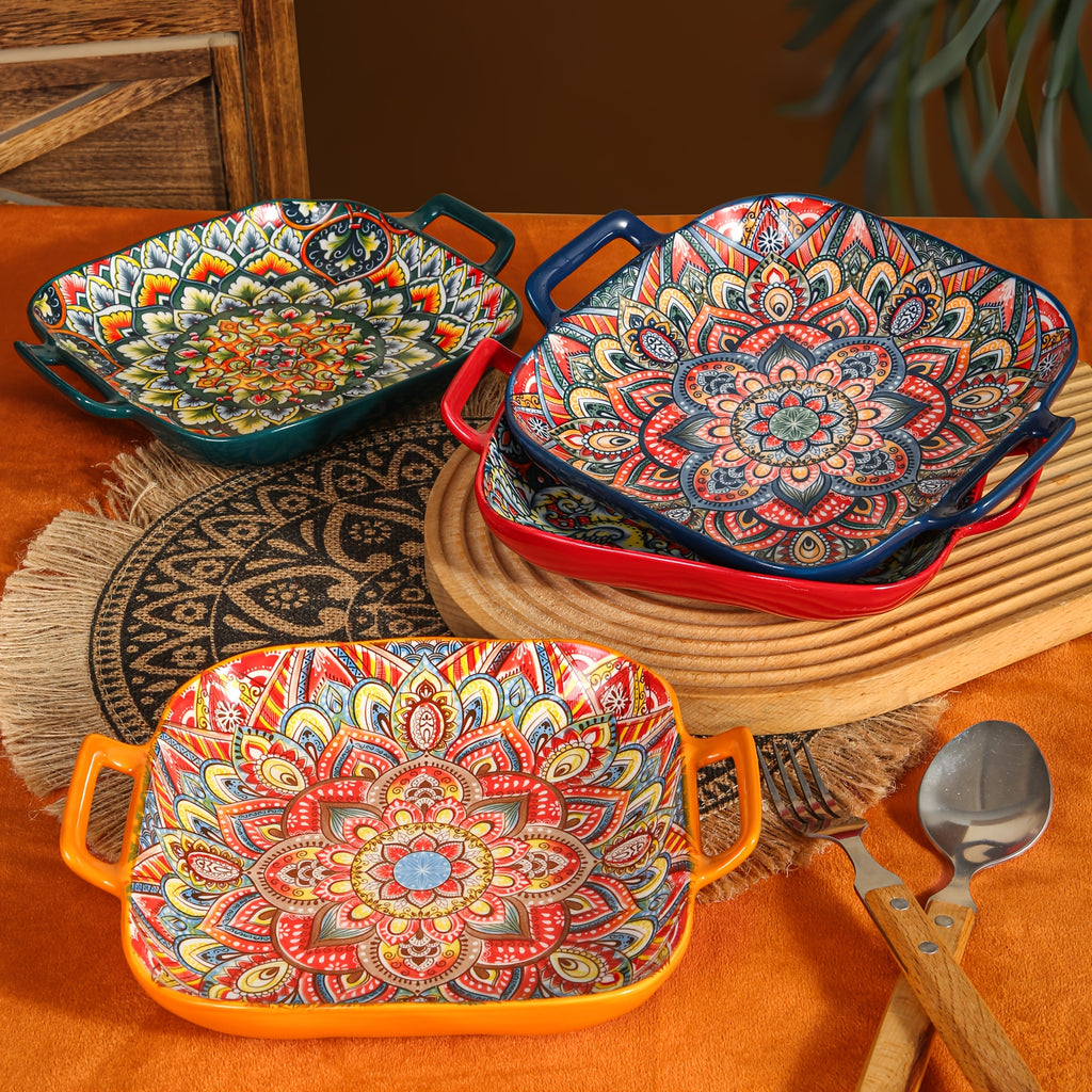 2-Piece / 4-Piece Ceramic Baking Set – 9-Inch Square Plates, Bohemian Style – Perfect for Pasta, Oven &amp; Catering – Multi-Purpose Kitchen &amp; Dining Essential