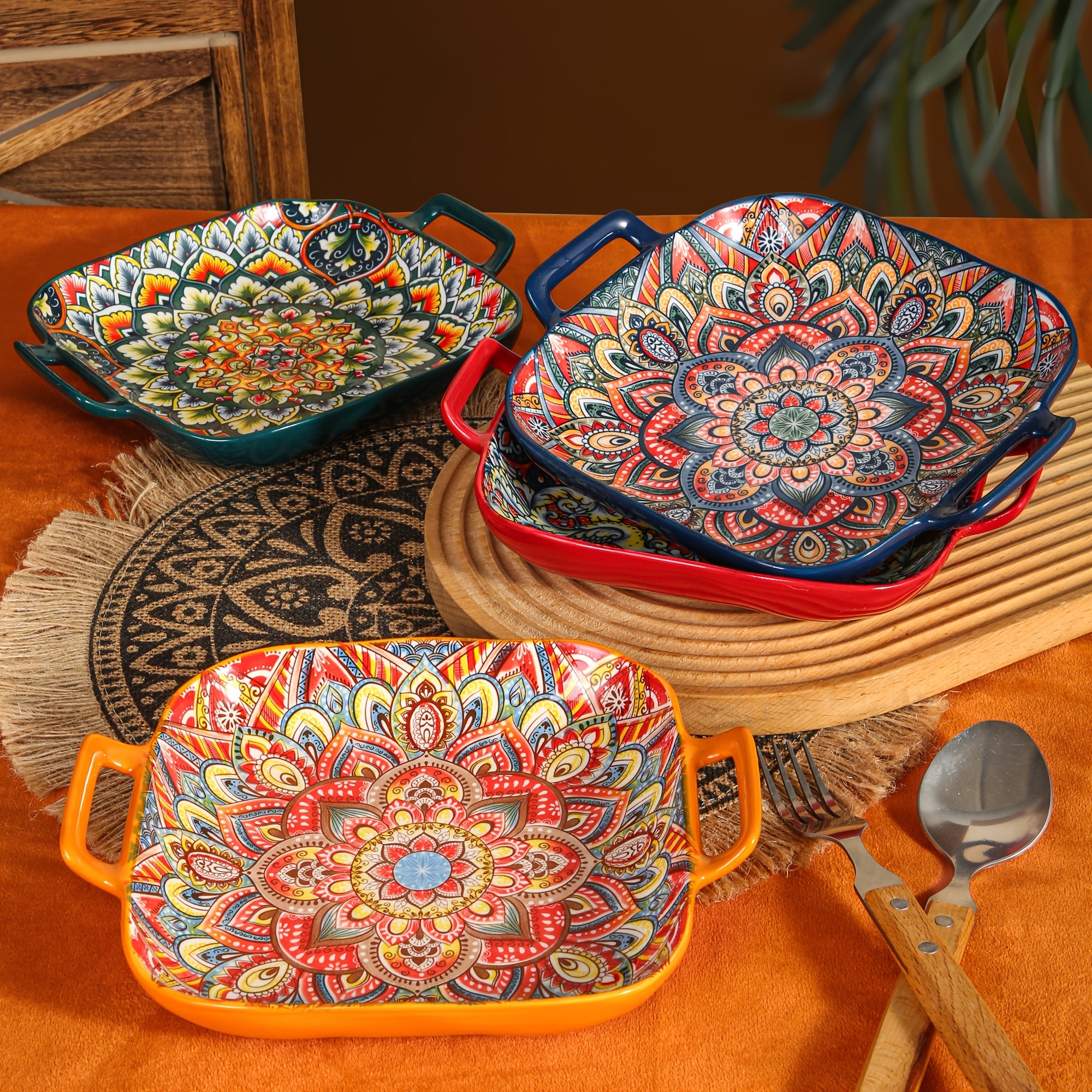 2-Piece / 4-Piece Ceramic Baking Set – 9-Inch Square Plates, Bohemian Style – Perfect for Pasta, Oven &amp; Catering – Multi-Purpose Kitchen &amp; Dining Essential