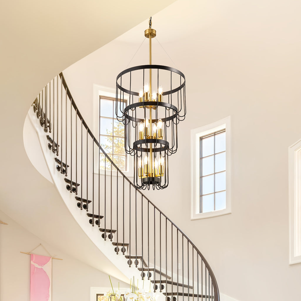 Farmhouse lighting lantern trapezoidal pendant light, modern hall lighting fixture, large chandelier for entryway, high ceiling