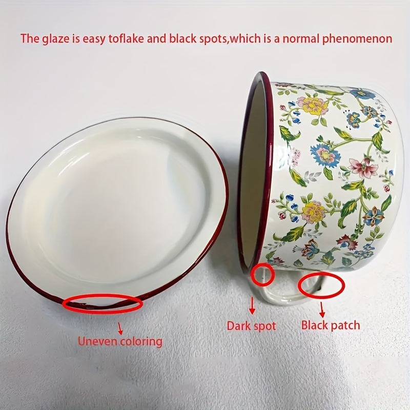 1 Piece, Thickened Enamel Bowl with Lid, Vintage Floral Pattern – Perfect for Soup, Rice, Noodles, Pot Pie, Salad, etc. – Durable & Stylish Tableware