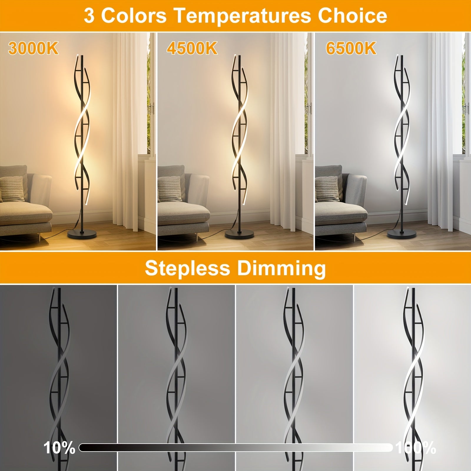 Modern LED floor lamp, 60" 3-color temperature spiral floor lamp, 360° luminous design vertical lamp, timer 48W dimmable reading floor lamp, high black and white corner floor lamp for living room, bedroom, office