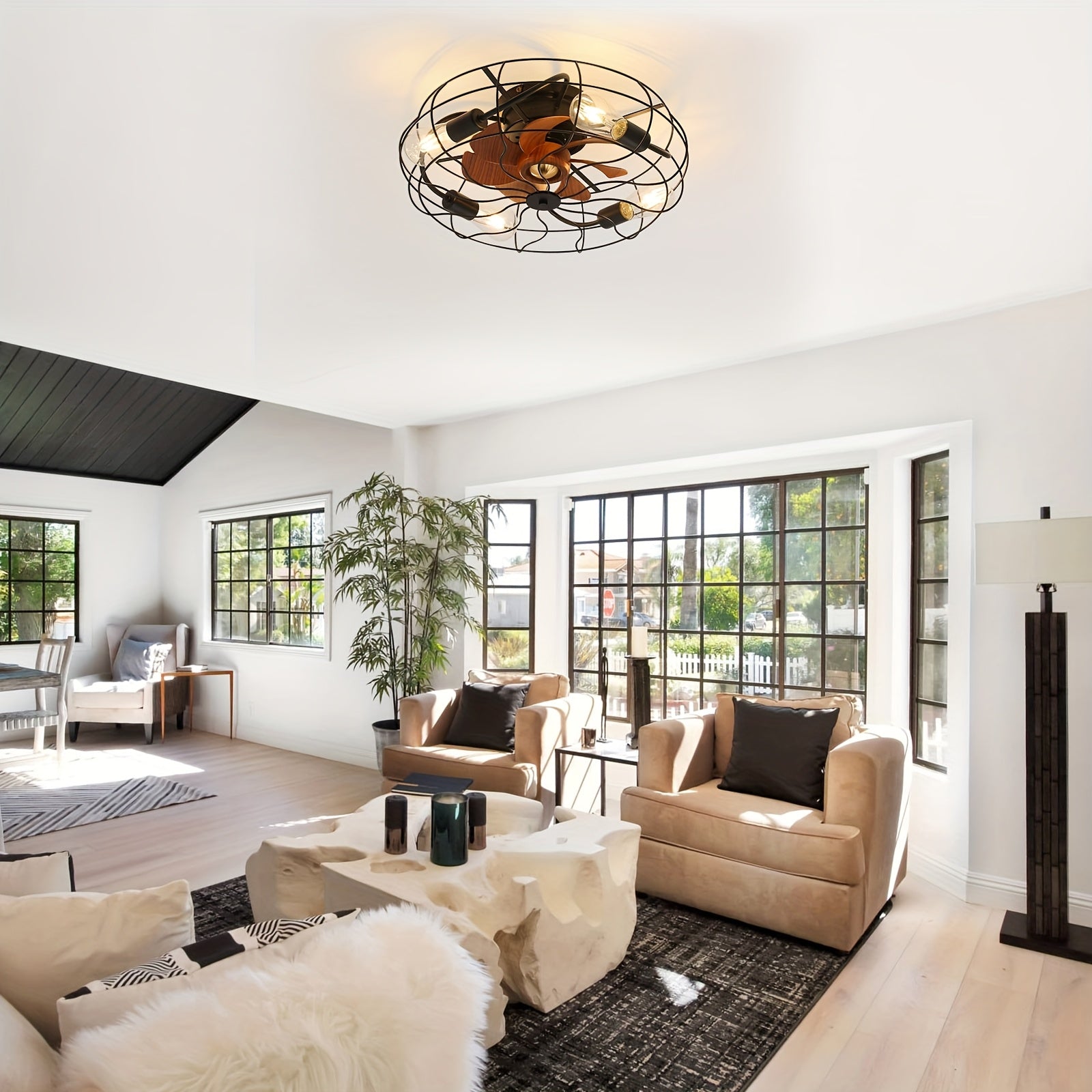 Sofucor 20" Industrial Black Recessed Cage Ceiling Fan, Indoor & Outdoor Use, Equipped with 7 ABS Blades and 4 E26 Bulb Sockets, Ideal for Living Rooms, Patios & Bedrooms