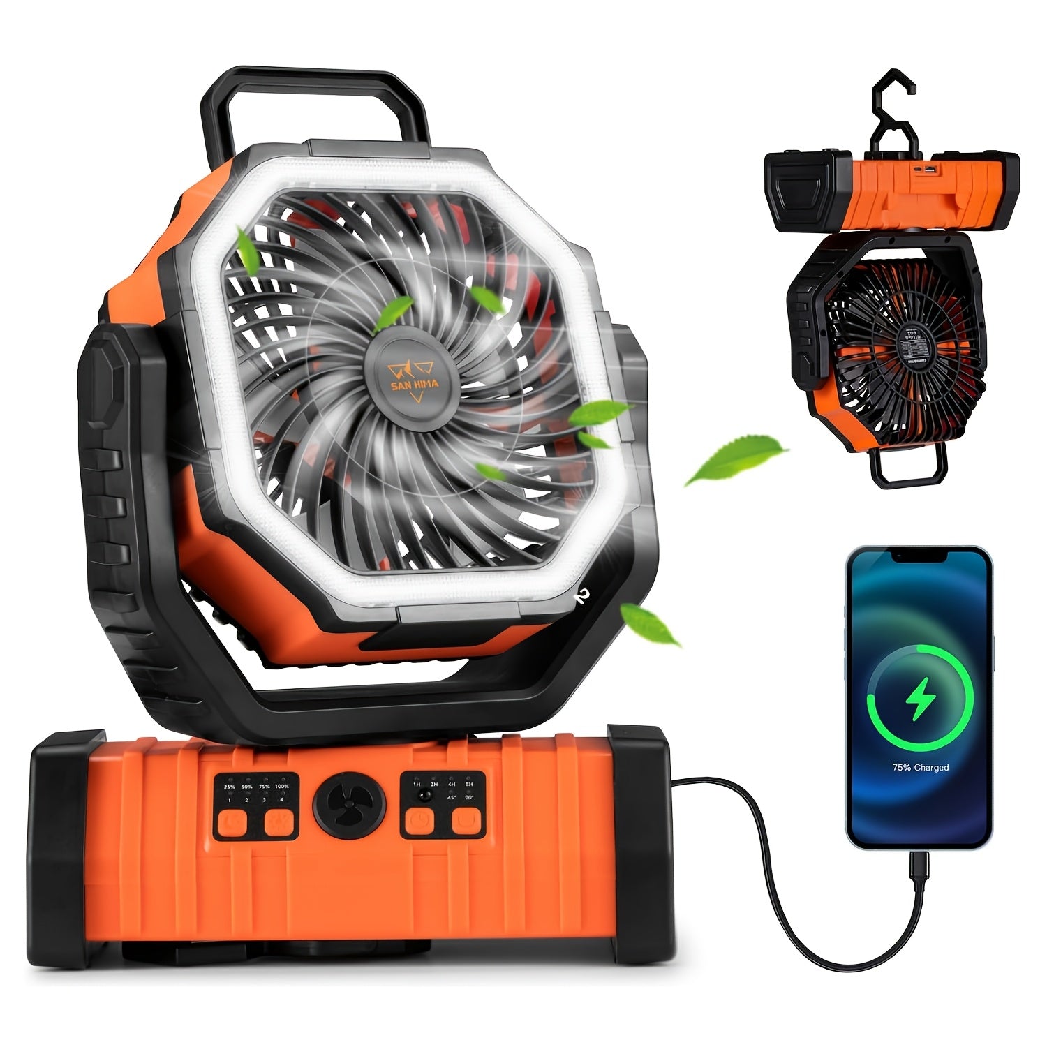 3-in-1 Rechargeable Fan with Charging Lighting and Fan Function, Battery Powered Camping Fan, Portable LED Lantern Camping Fan, 4 Speed Rotatable Rechargeable Fan for Tent, BBQ and Travel Use
