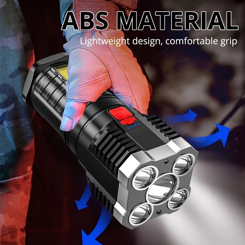 Ultra-Bright Flashlight, USB Rechargeable Flashlight with 5 LEDs & COB Side Light - 4-Mode Flashlight
