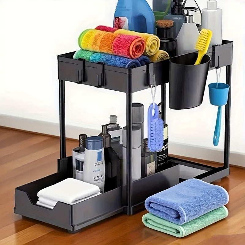 Multi-functional Pull-out Under Sink Organizer and Storage, Suitable for Bathroom & Kitchen, 2-Tier Sliding Cabinet Basket, Bathroom Cabinet Storage Box with Hooks, Storage Cup, Home Kitchen Accessories
