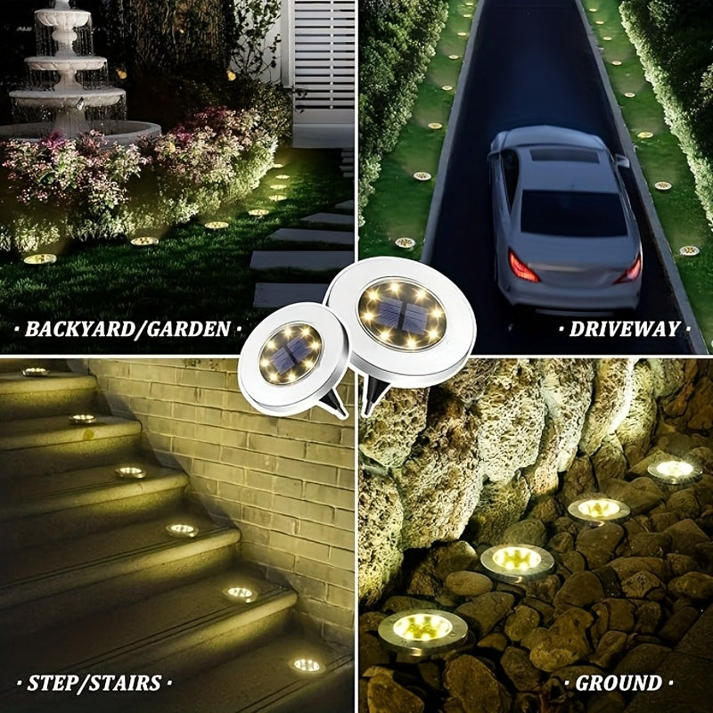 Solar Ground Spotlight Geometric Light, Stainless Steel Warm White Outdoor Landscape Light, 8LED Rotating Disc Light, Garden Viewing Light, Floor Lamp, Corridor Courtyard Patio Lawn Decorative Lighting, Solar Garden Light