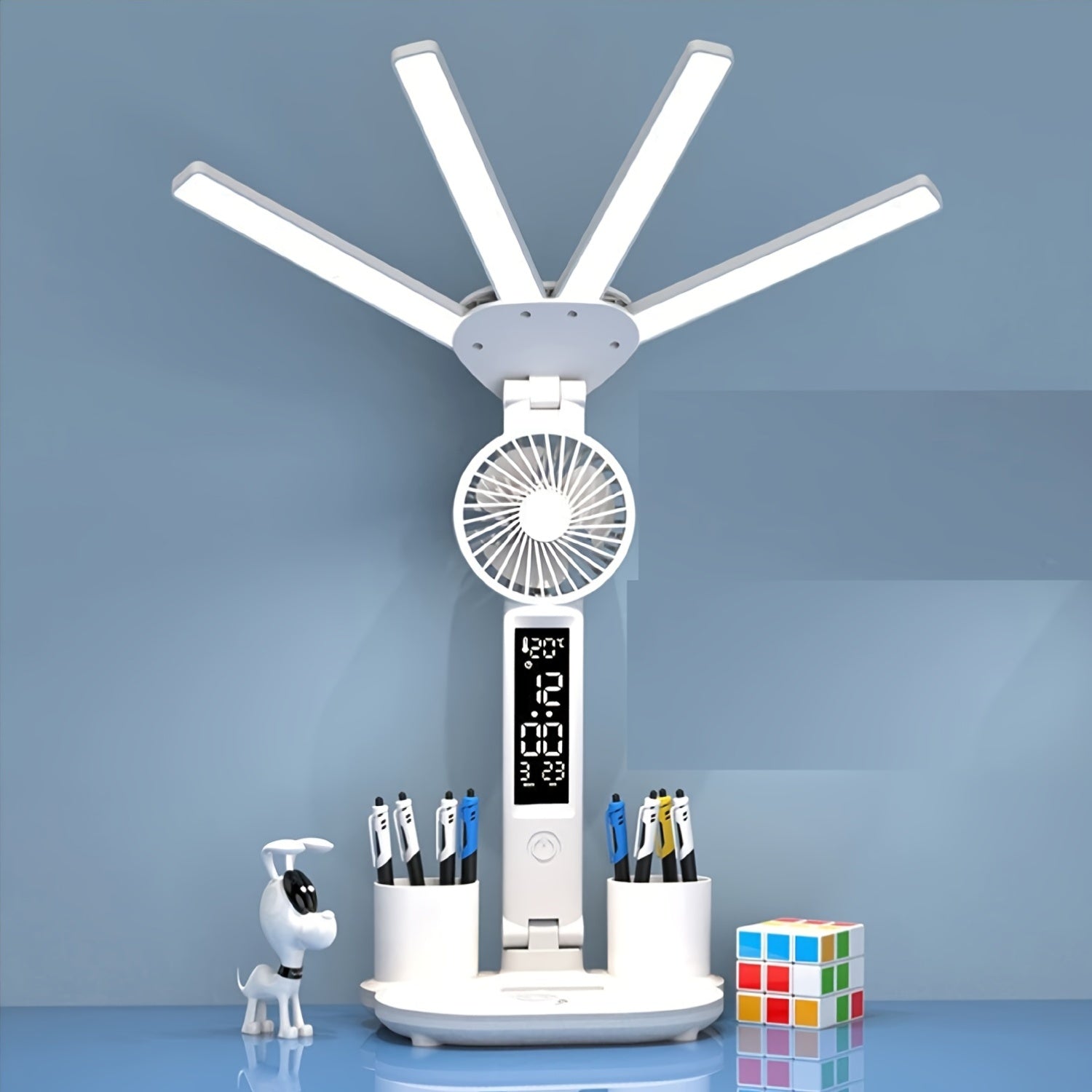 Folding Desk Lamp with Fan & Clock, USB Rechargeable