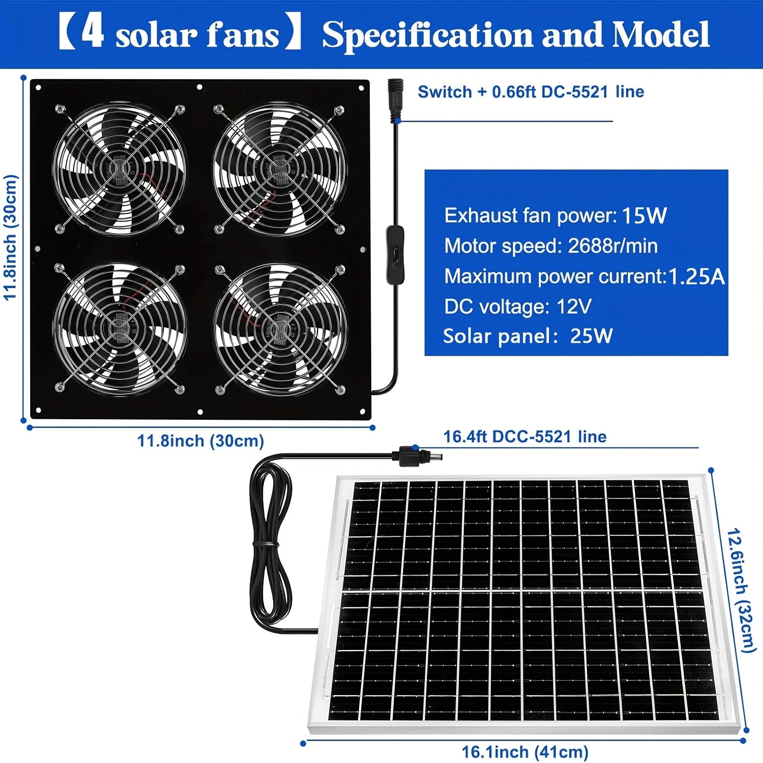 Solar Fan, Solar Exhaust Fan / Greenhouse Solar Fan / Solar Fan for Attic, Shed, Barn, Chicken Coop and Dog House (15W Solar Panel + 2Pcs Solar Exhaust Fan)