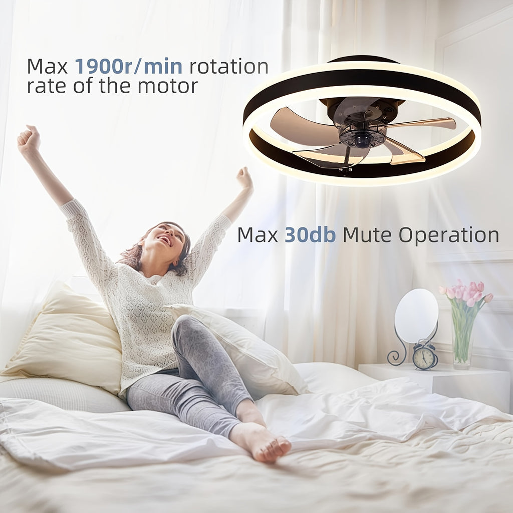 Low Profile Ceiling Fan with Light and Remote, Fandelier Flush Mount Ceiling Fan, 20 Inch Installation, Smart Bladeless LED Fan Light, 3000K-6500K, Black Modern Ceiling Fan for Bedroom