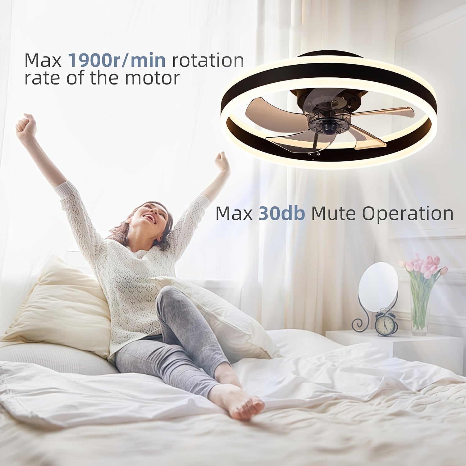Low Profile Ceiling Fan with Light and Remote, Fandelier Flush Mount Ceiling Fan, 20 Inch Installation, Smart Bladeless LED Fan Light, 3000K-6500K, Black Modern Ceiling Fan for Bedroom