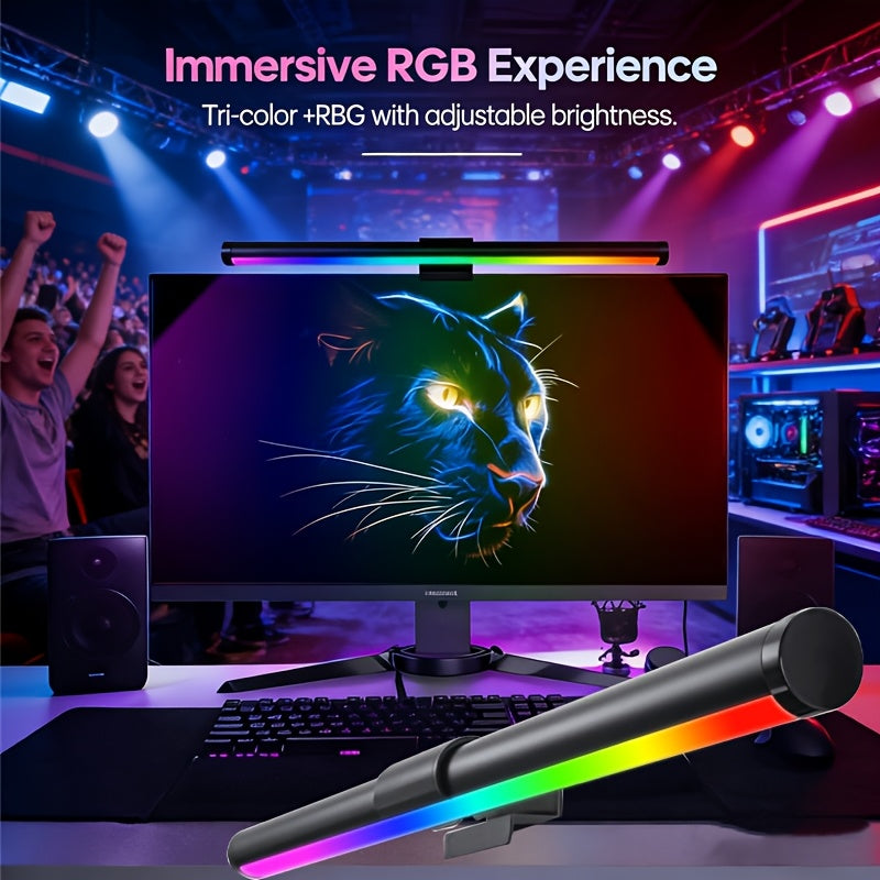 15.57-inch RGB dual-sided screen light, USB screen ambiance light, lighting tube, desk lamp, three-color adjustable, RGB幻彩, five-button USB wired control, 45-degree adjustable angle, eye-protection light, reading light, cool lighting modes