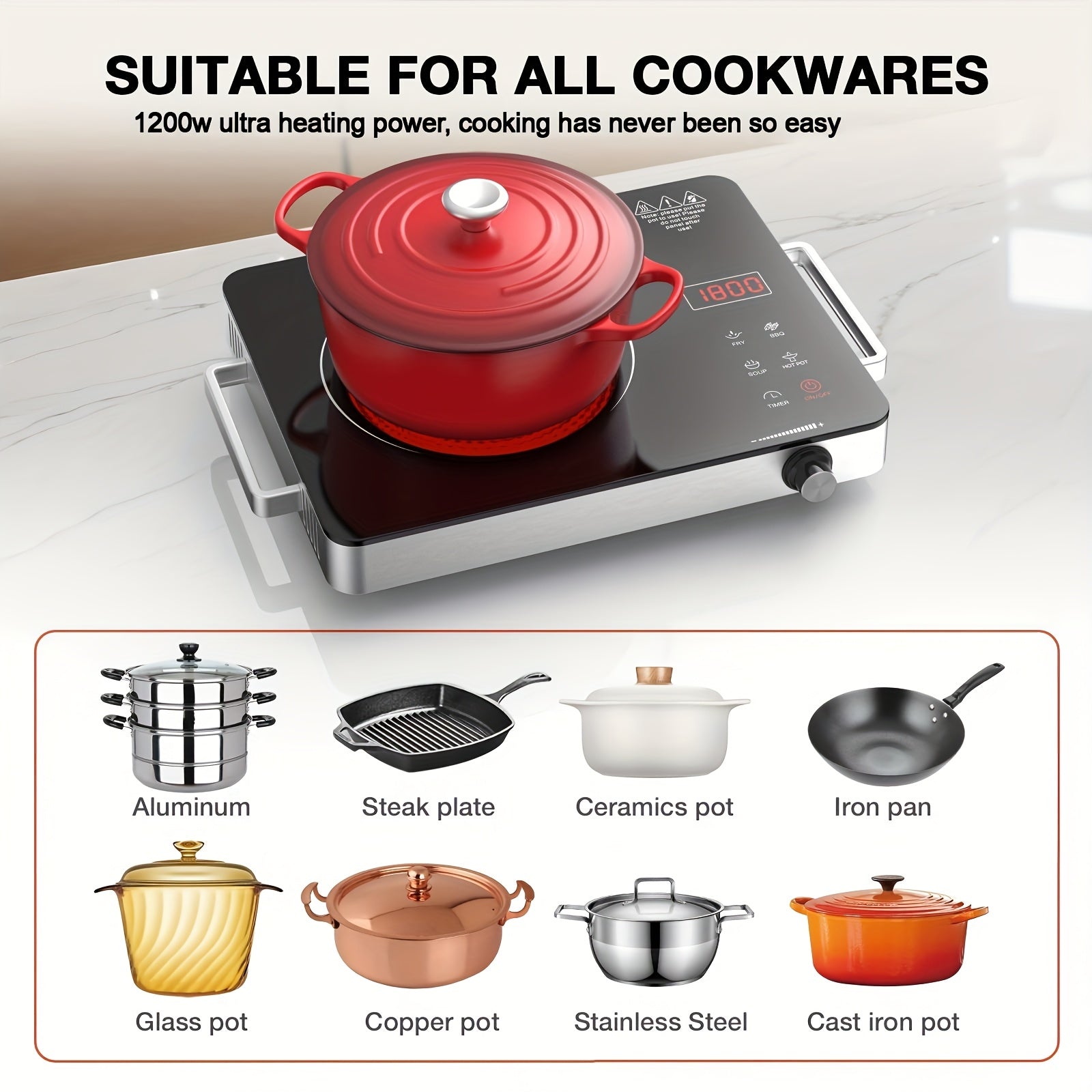 Electric Stove, Portable Single Burner Cooktop with Plug, Hot Plate Countertop Stove, 110V Infrared Burner, Child Safety Lock, Timer, Touch & Knob Control