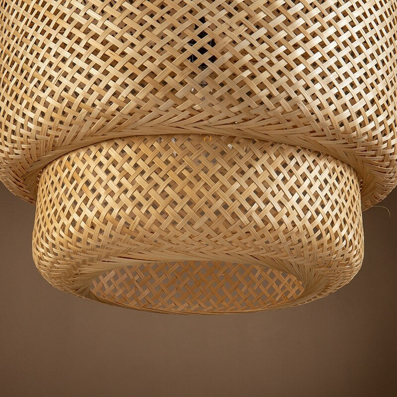 Three-layer rattan pendant light – 19.7-inch hand-woven natural dome light fixture, with 59-inch adjustable hanging rope, bohemian style chandelier, suitable for living room, dining room or entryway – compatible with E26 bulb (bulb not included)