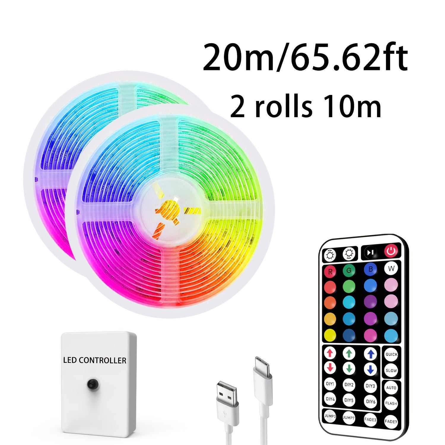 Type-C接口灯带，长度可选3.28到98.43英尺，具有RGB动态灯光和LED灯，配备44键遥控器和信号接收器，可更改模式，适用于天花板、卧室、酒吧、复活节庆祝活动