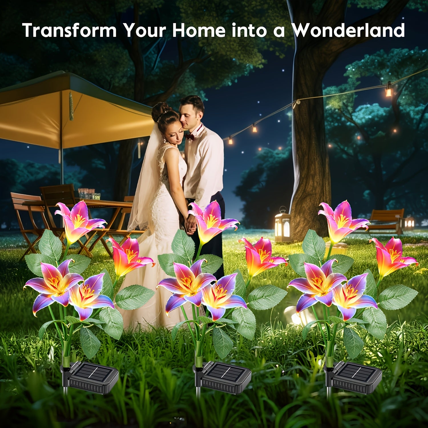 Outdoor Garden Decorative Solar Light, 2-Piece Large Lily Solar Light, 7-Color Changing Solar Flower Outdoor Light, IP44 Protection Rating Solar Light, Suitable for Courtyard, Lawn, Garden Decoration