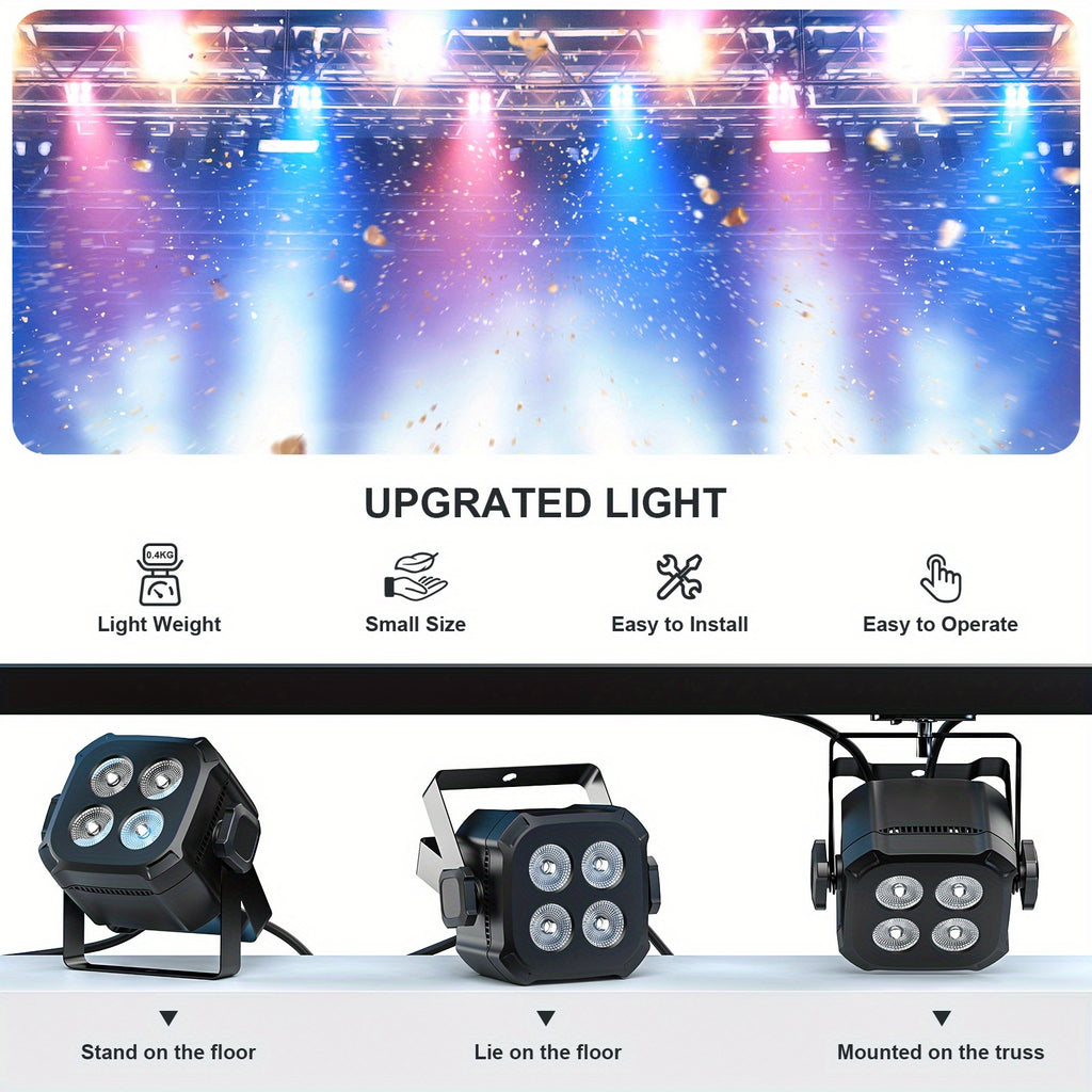 Mini stage light, available in 1, 2 or 4-pack, equipped with four 15W LED Par lights. These lightweight RGBW 4-in-1 LED stage lights feature DMX512 and sound-activated functions, suitable for home use, parties, performances and events.