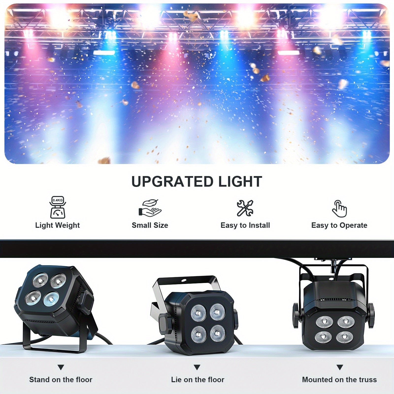 Mini stage light, available in 1, 2 or 4-pack, equipped with four 15W LED Par lights. These lightweight RGBW 4-in-1 LED stage lights feature DMX512 and sound-activated functions, suitable for home use, parties, performances and events.