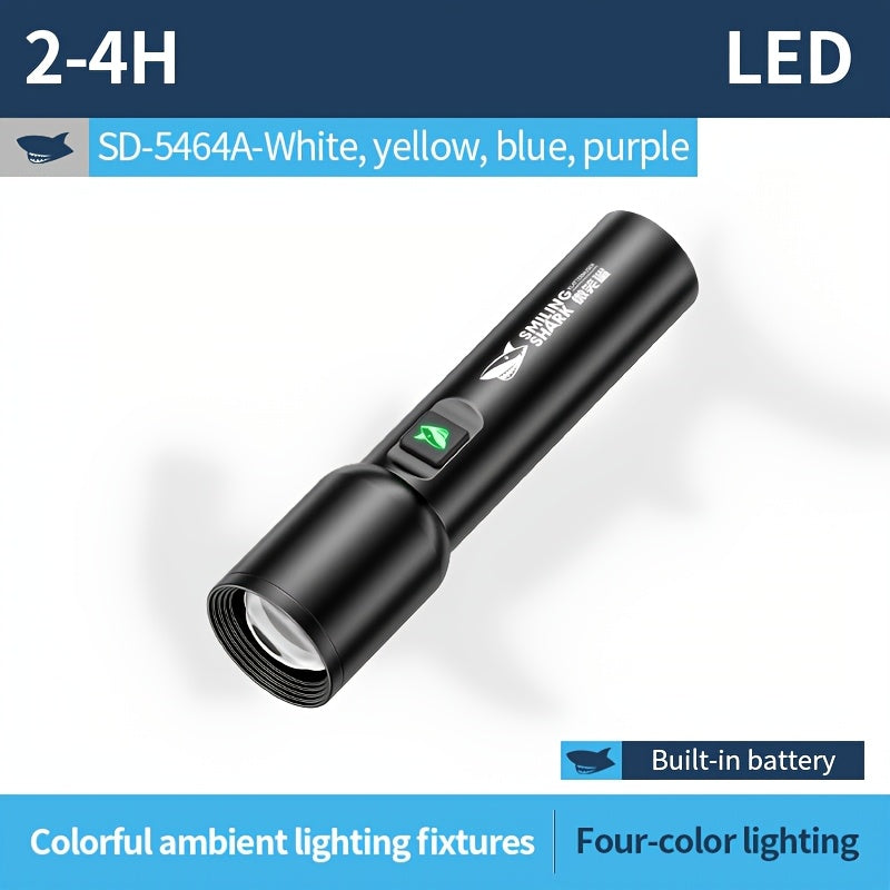 Smiling Shark Super Bright Rechargeable Flashlight Telescopic Focus Ultra Long Endurance Built-in Battery Aluminum Alloy Strong Light Torch for Home Hiking Camping SD5464