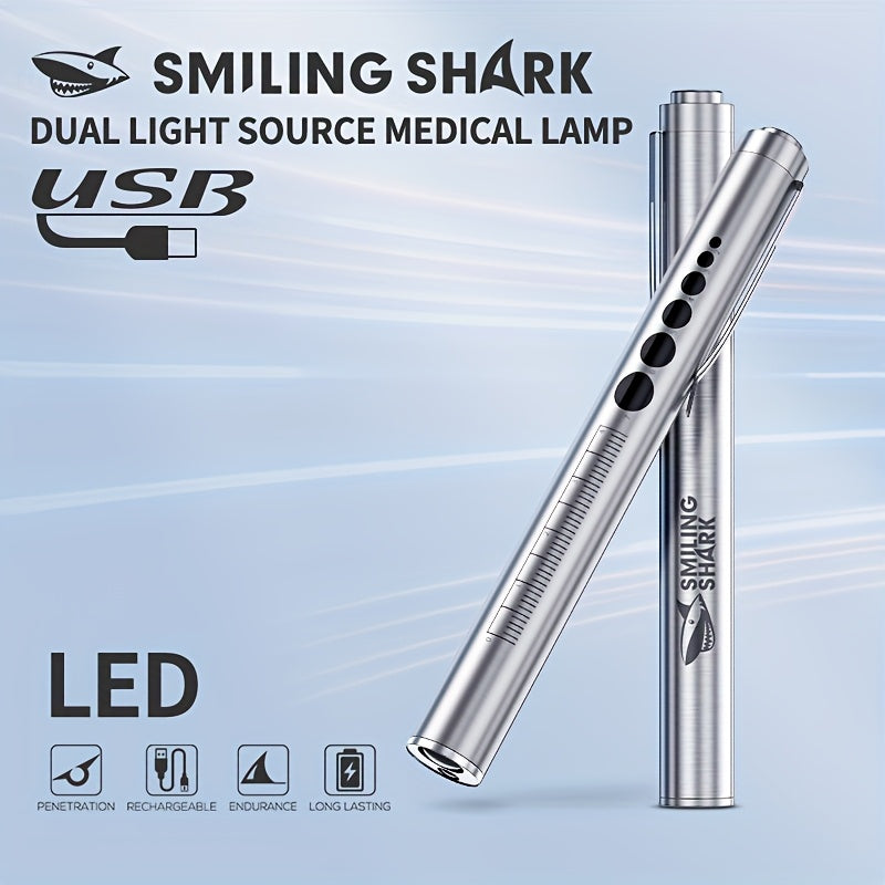 SMILING SHARK YK1960 LED Flashlight, White/Yellow Dual Light Source, Type-C Rechargeable Pen Flashlight, Aluminum Alloy Material, Pen Clip Pocket Size Design, Portable, Ideal for Dental and Ophthalmic Examinations
