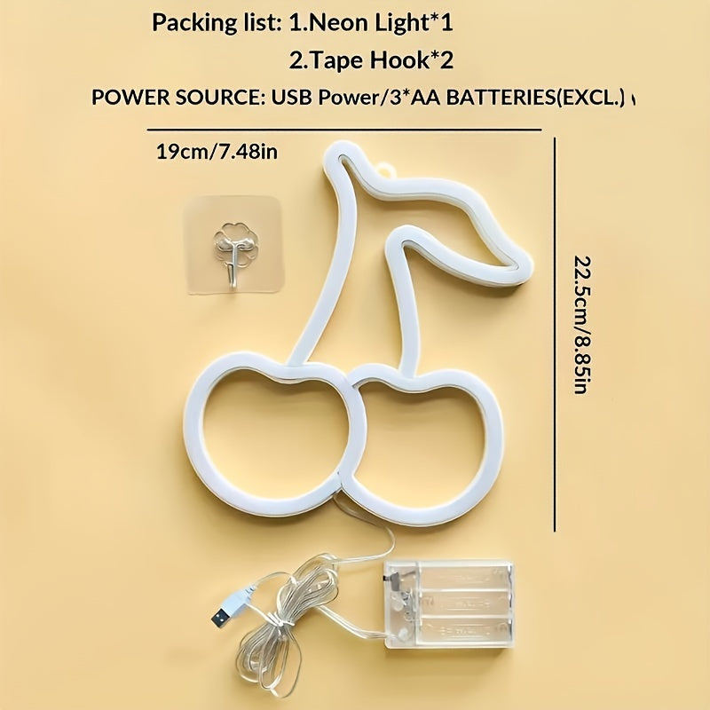 1个可爱的樱桃霓虹灯，USB或电池供电的LED霓虹灯，适用于卧室，婚礼用品，生日派对，游戏室，周年纪念，情人节家居装饰的美观夜灯