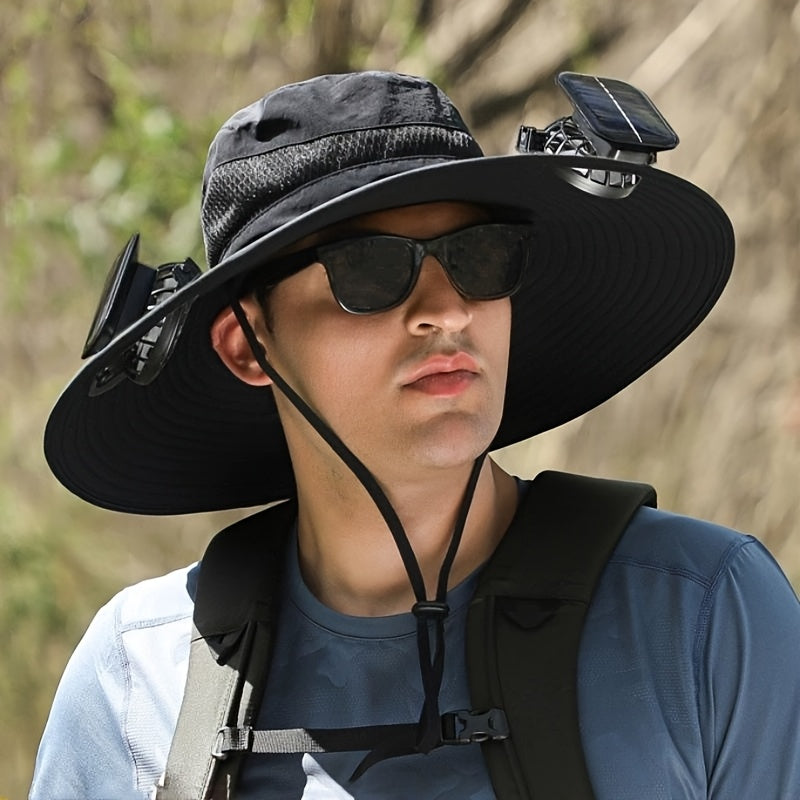 Solar Fan Sun Hat, Rechargeable with Charging Port, Summer Outdoor Wide Brim Bucket Hat, Adjustable Chin Strap, Breathable Mesh, Perfect for Outdoor Sports and Beach Activities