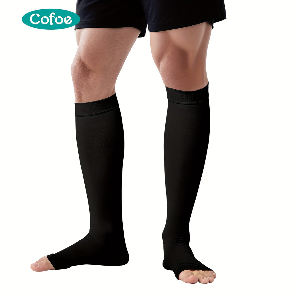 COFOE - 男女通用膝高压缩袜 22-32mmHg (80% 尼龙/20% 氨纶) - 渐进压力适用于静脉曲张、跑步、运动和旅行 - 全天候弹性开口及腿部护理紧身袜