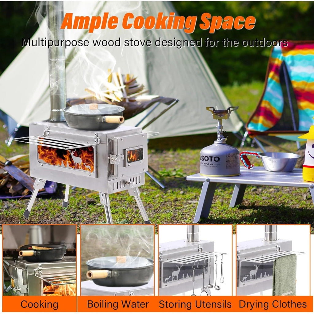 Wood Burning Stove, Stainless Steel Camping Stove, Portable Wood Stove, Outdoor Cooking Camping Wood Stove with 5 Chimney Pipe Sections & Gloves, Ideal for Ice Fishing