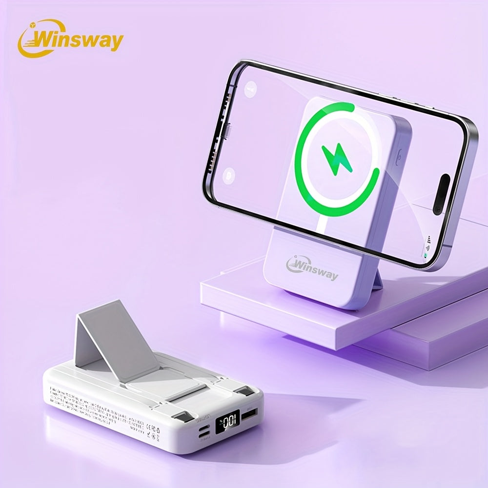 Winsway 10000mAh 磁吸無線行動電源，22.5W 快速充電行動電源，包含 Type-C 資料線、USB 連接埠、LED 螢幕和可折疊支架，適合送給 Iphone 和 Android 裝置的聖誕禮物