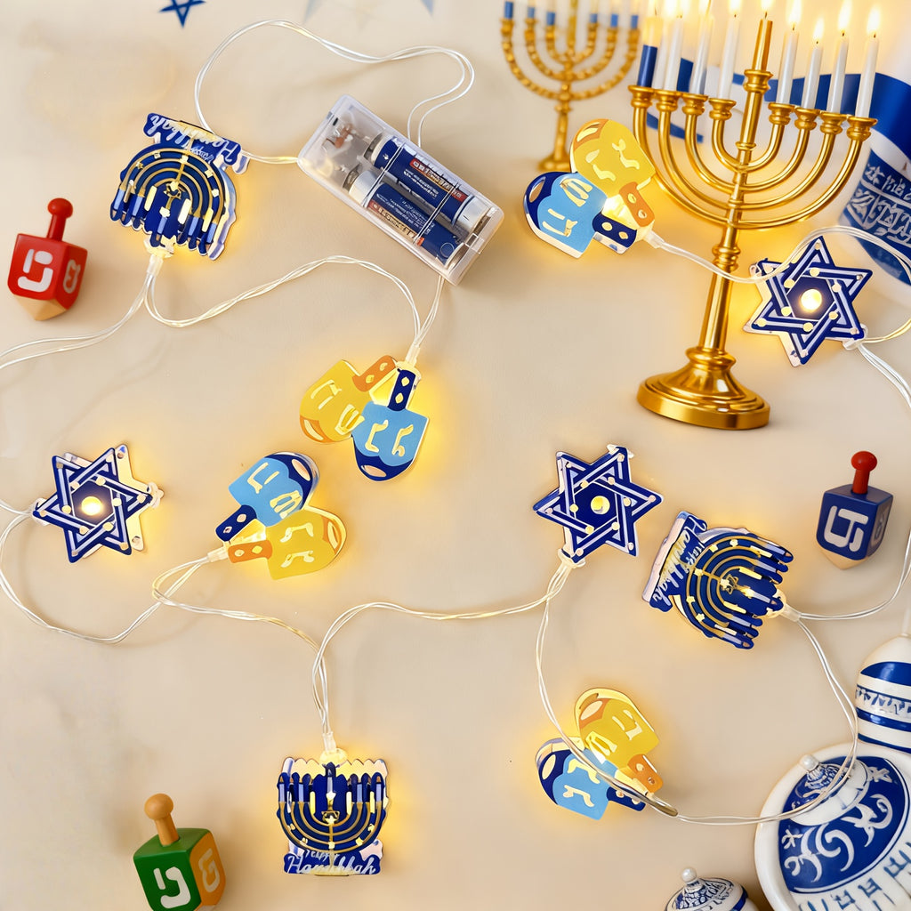 HANUKKAH LIGHTS，2米10灯光明节大卫之星灯串，LED六芒星烛台陀螺灯串，电池供电（不含电池），光明节礼物，光明节派对装饰品，适合房间卧室客厅餐厅壁炉楼梯橱窗装饰
