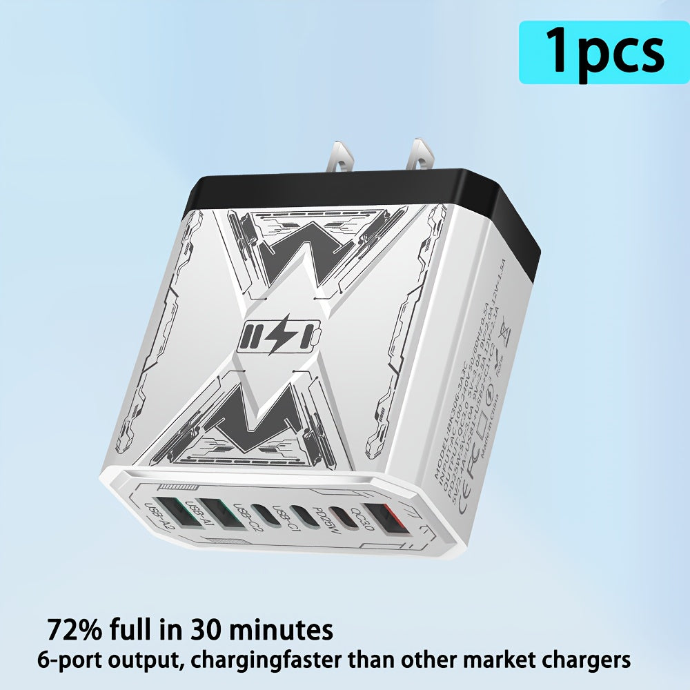 6-in-1 Fast Charger 3USB + 3Type-C Power Adapter with Indicator Light, QC3.0 Power Adapter Cube USB Wall Charger, for iPhone 17/ 16/ 15/ 13/ 13pro/ 12/ 12pro/ XR/ SE, Pro/ Mini/ Air