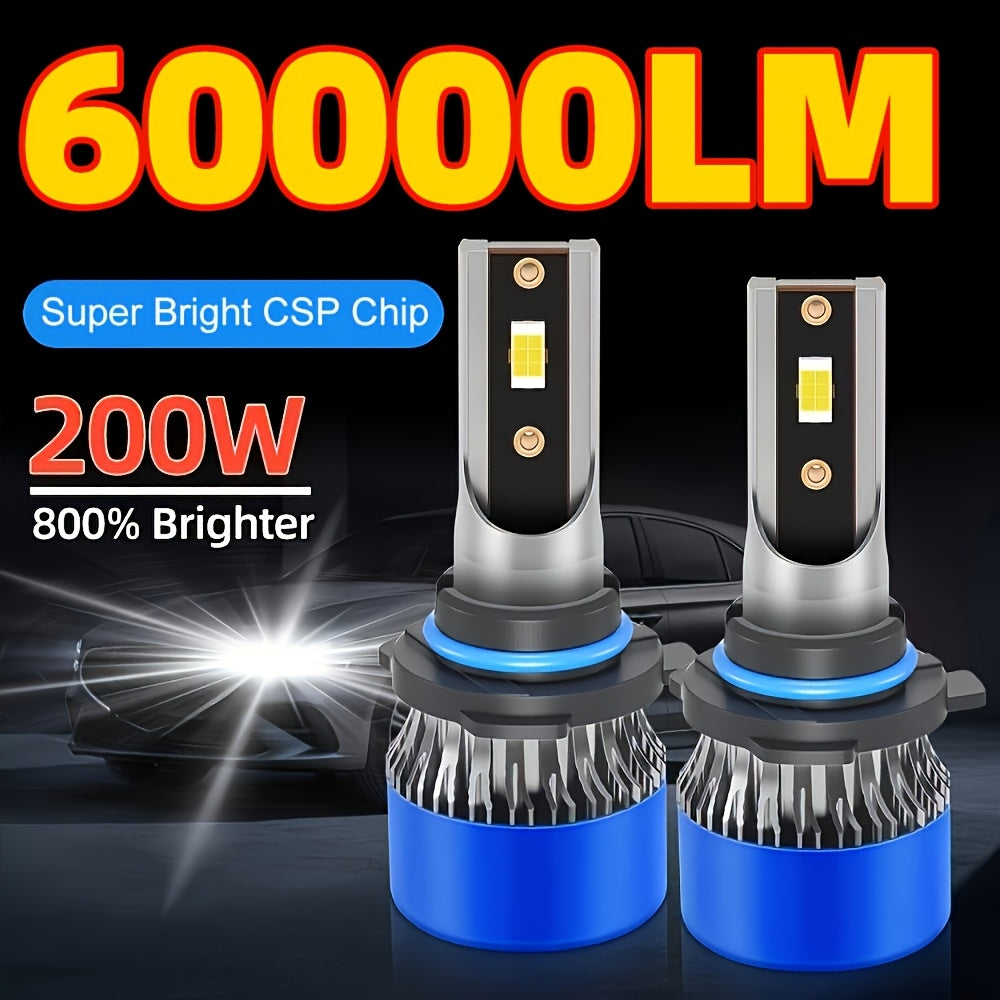 2Pcs H1 H7 H11 9005 9006 9012 H4 H13 9007 9004 LED Car Headlights, Brightness 3570 CSP Chip 6000K White Light 60000 Lumens 200W High/Low Beam Fog Light Fast Heat Dissipation