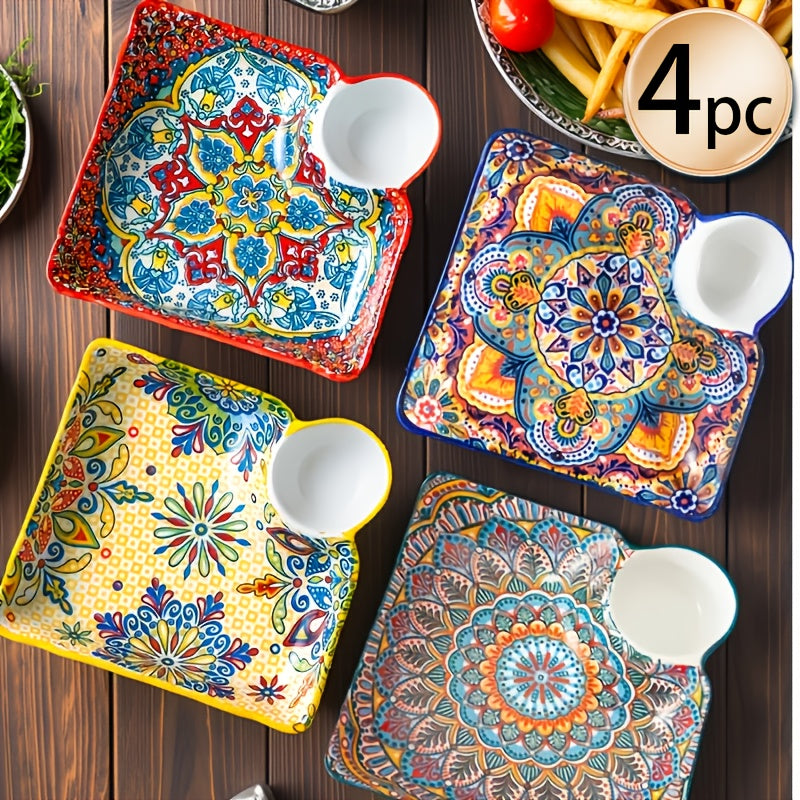 NTKOW 1 Set of 4 Bohemian Style Art Ceramic Dinner Plates – 8-Inch Multi-Purpose Steaming & Serving Bun Plate – Microwave Safe, Beautiful Hand-Painted Design – Suitable for Home & Commercial Use, Easy to Clean