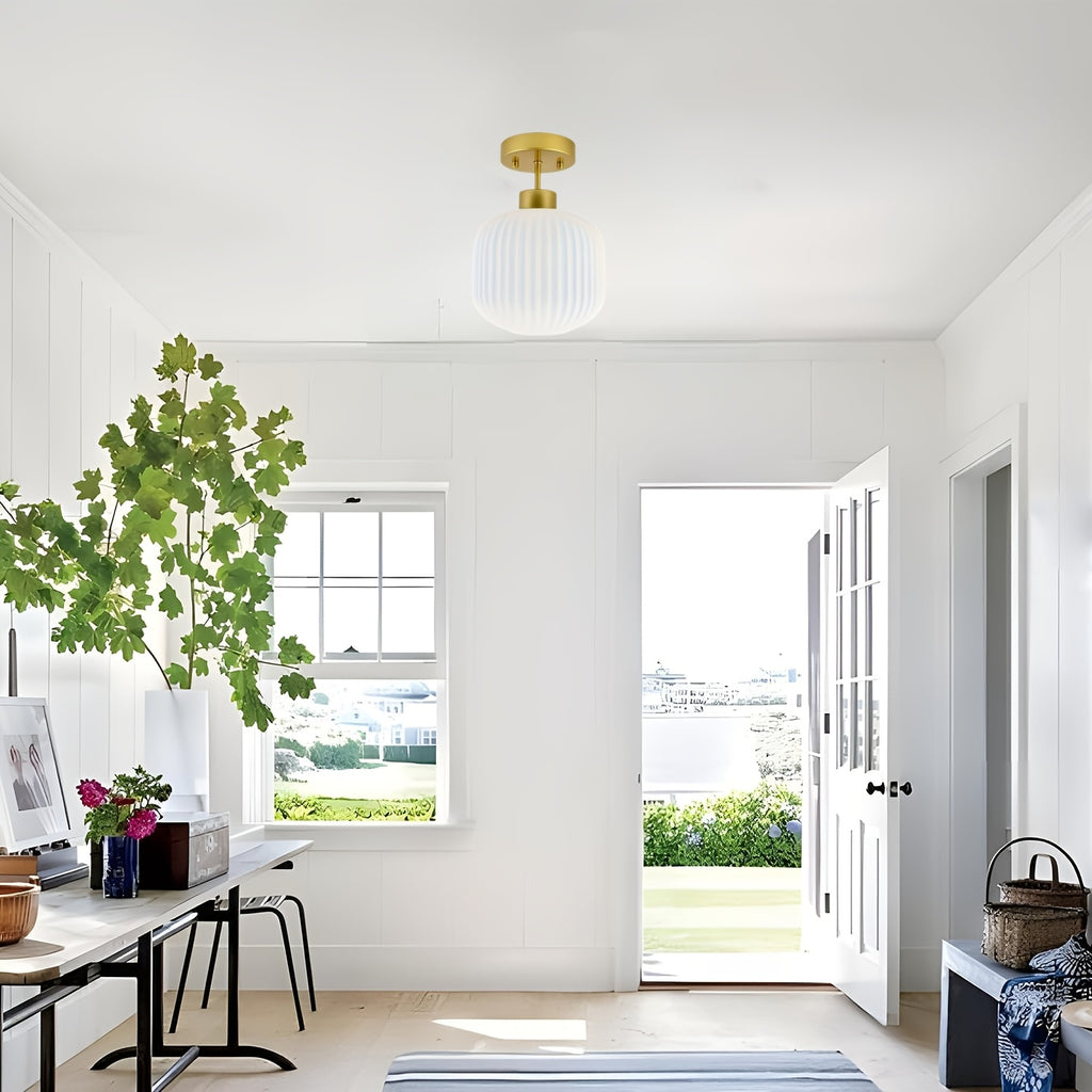 Vintage semi-flush mount ceiling light, lighting milk glass ceiling light fixture, gold and white flush mount ceiling light brass globe ceiling light frosted glass semi-flush ceiling, suitable for farmhouse, kitchen island, hallway