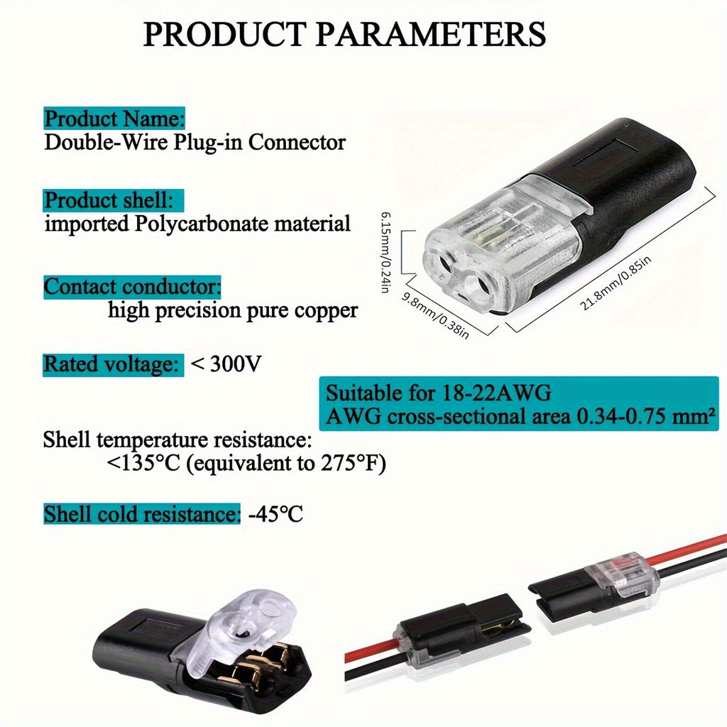 12pcs/60pcs Dual Wire Insertion Connector, 2-Pin 2-Port, PVC Insulation, Copper Contact Material, Quick Connect Terminal, No-Charge Power Mode, with Locking Clip, for LED Wire Connection in Cars and Home Use