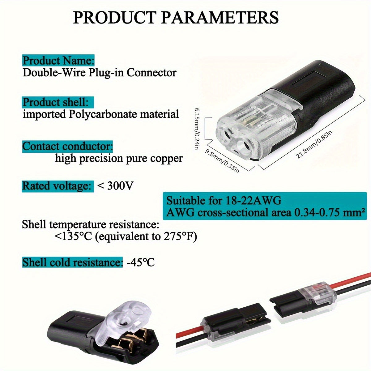 12pcs/60pcs Dual Wire Insertion Connector, 2-Pin 2-Port, PVC Insulation, Copper Contact Material, Quick Connect Terminal, No-Charge Power Mode, with Locking Clip, for LED Wire Connection in Cars and Home Use
