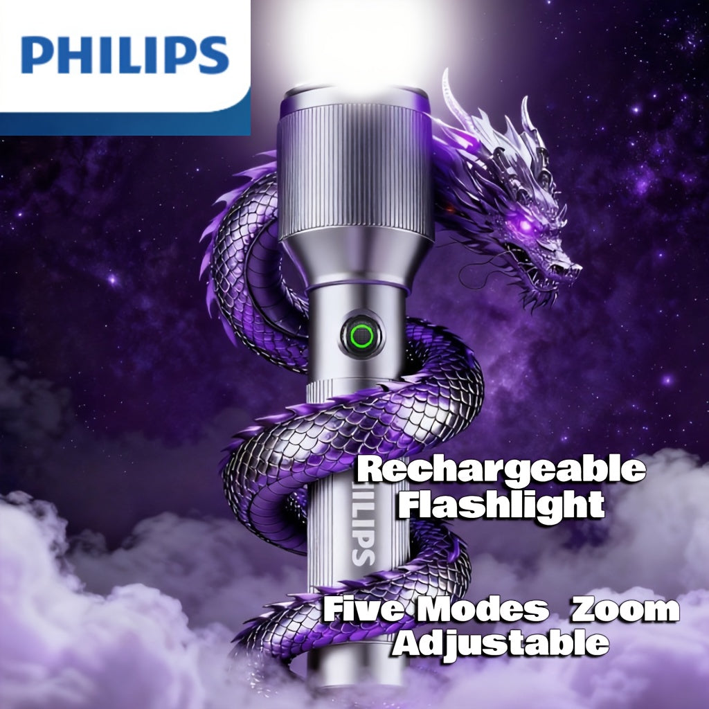 Philips High-Power Zoomable Direct-Charging Flashlight, High-Lumen Tactical Torch, 5 Modes: Strong Light/Weak Light/Strobe/SOS/Brightness Adjustment, Long-Lasting Battery, Ideal for Camping, Daily Use