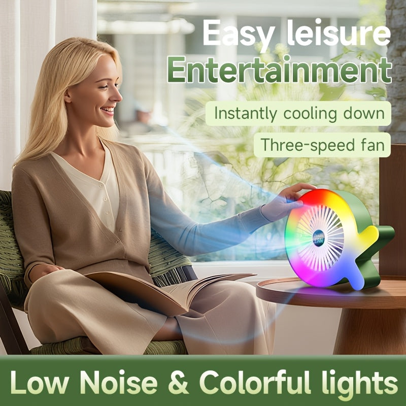 Portable Colorful Ambient Light Desktop Fan | 3 Speed Adjustment | Low Noise Silent Motor | USB Rechargeable | Mini Desk Fan for Bedroom Office | Summer Cooling Essential