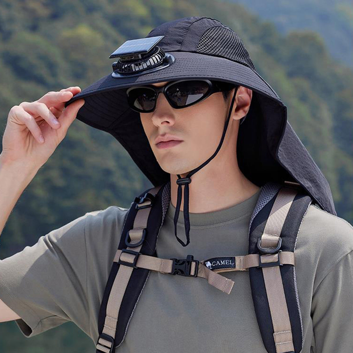 Men's Sun Hat with Solar Fan, Wide Brim Outdoor Boonie Hat, Lightweight African Safari Hat