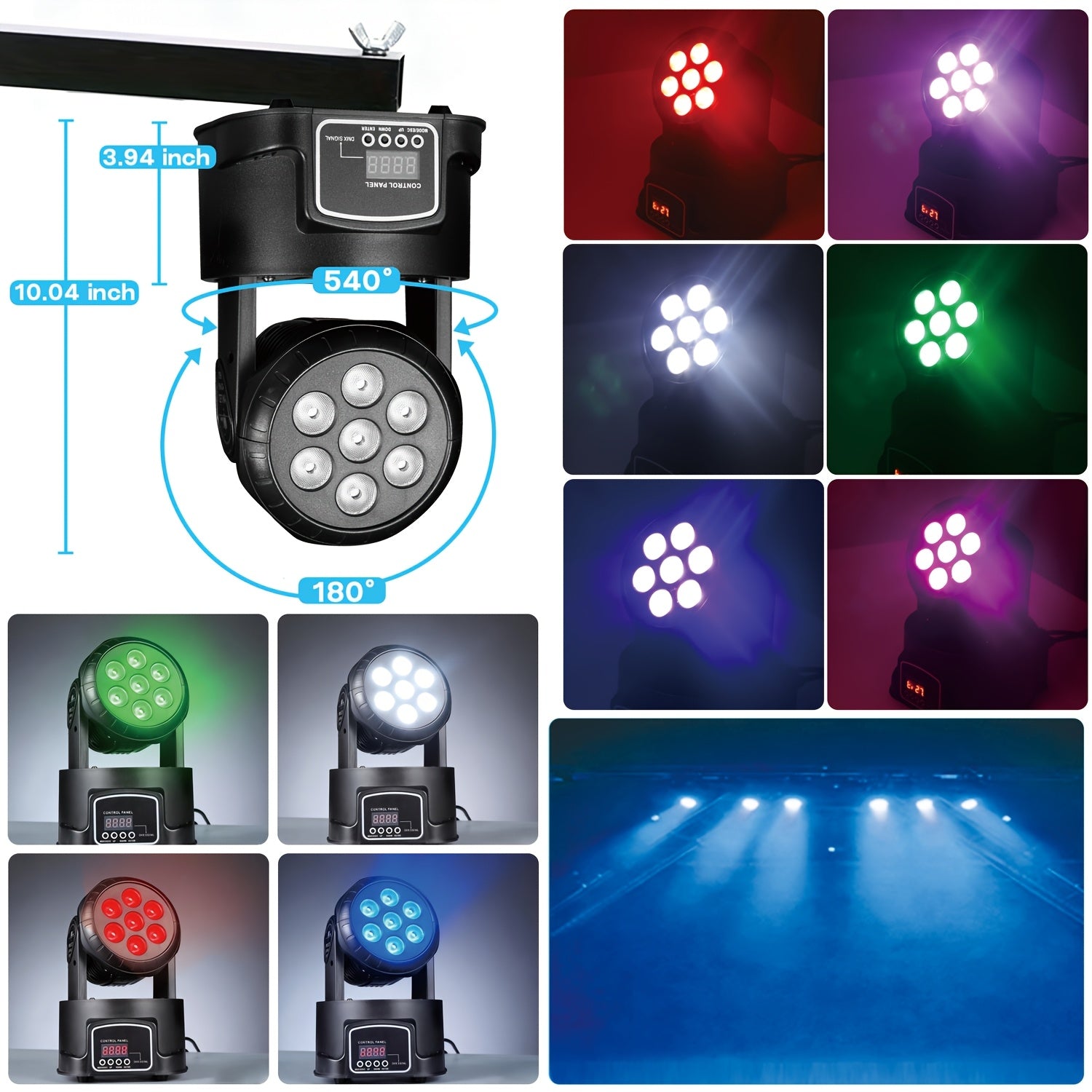Moving head light RGBW stage lighting DJ light 7 x 10W LED beam spotlight 9/14 channel wash light, with DMX and sound activation, suitable for parties, churches, weddings, bars, Christmas, Halloween, disco and other occasions