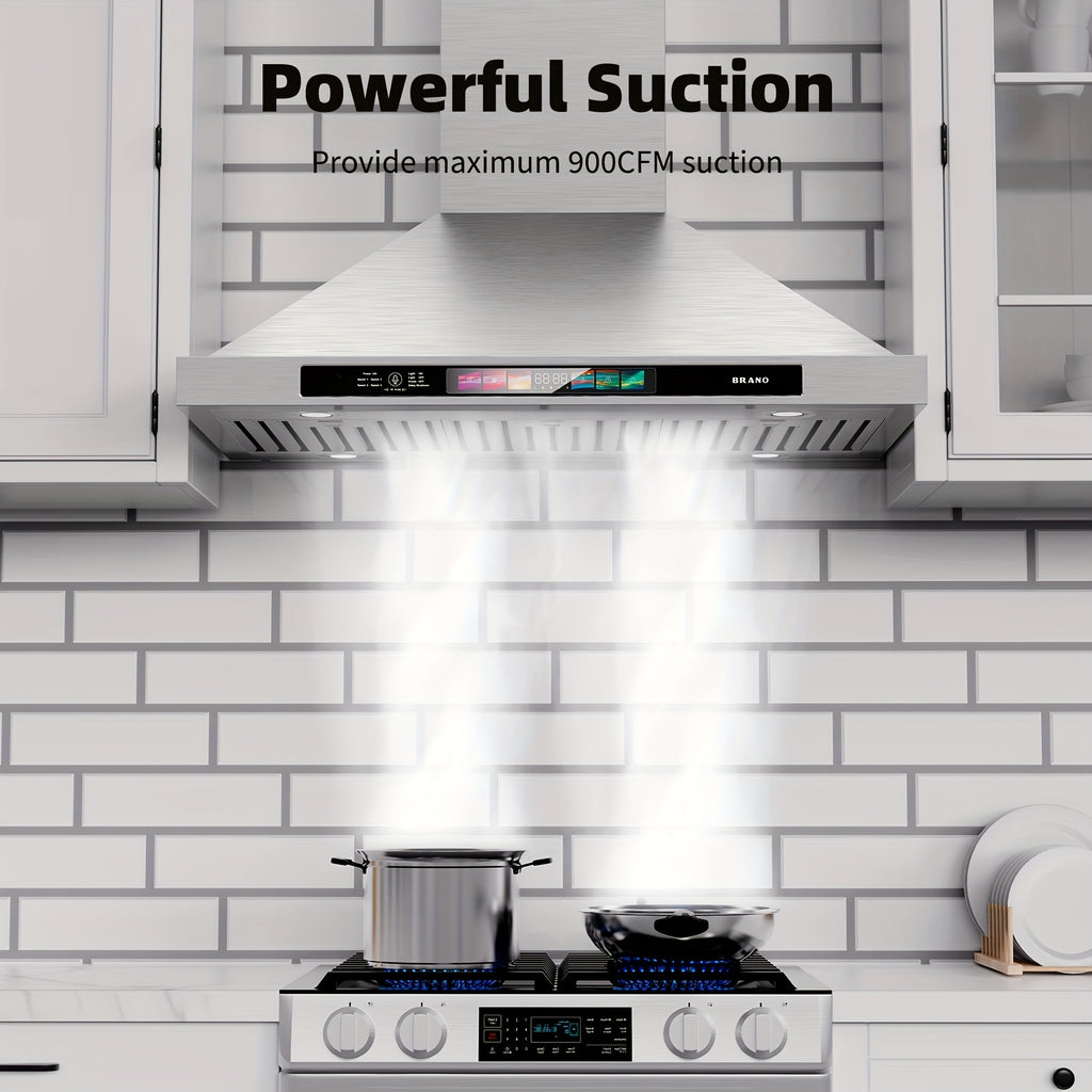 BRANO 30-Inch Wall-Mounted Range Hood, 900 CFM with Voice/Gesture/Touch Control, Stainless Steel Kitchen Exhaust Hood with 4-Speed Fan, Adjustable LED Light, Memory Mode