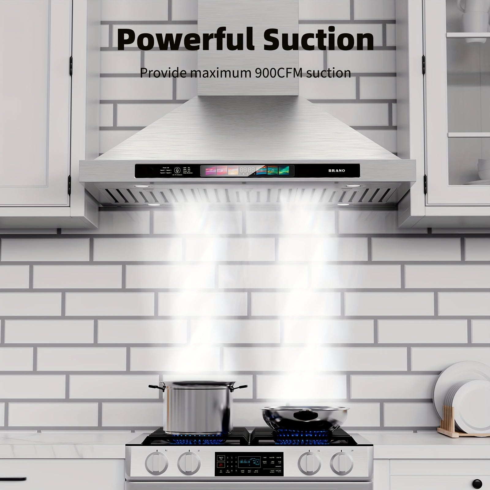 BRANO 30-Inch Wall-Mounted Range Hood, 900 CFM with Voice/Gesture/Touch Control, Stainless Steel Kitchen Exhaust Hood with 4-Speed Fan, Adjustable LED Light, Memory Mode