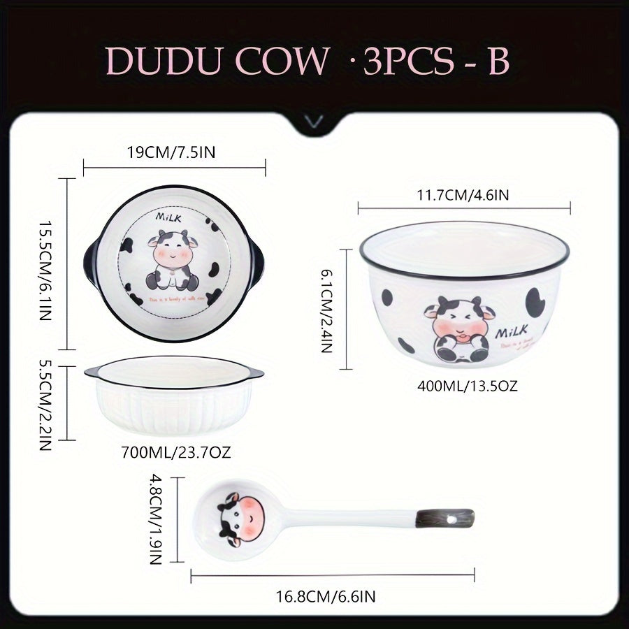 DUDU Cow Ceramic Dinnerware – 3/4pcs, Cute Cartoon Style, Rice Bowl / Salad Bowl / Soup Bowl / Handle Bowl, Small Spoon – Perfect for Dormitory or College Students