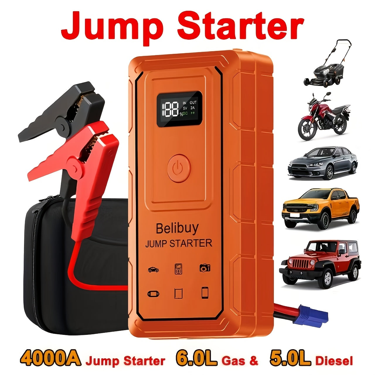 Car Jump Starter High Power Car Starter | Advanced Portable Emergency Car Starter - Powerful 6000mAh Rechargeable Battery, Charges, Suitable for Vehicles Under 36V, Upgraded Version, Reliable Emergency Power Source