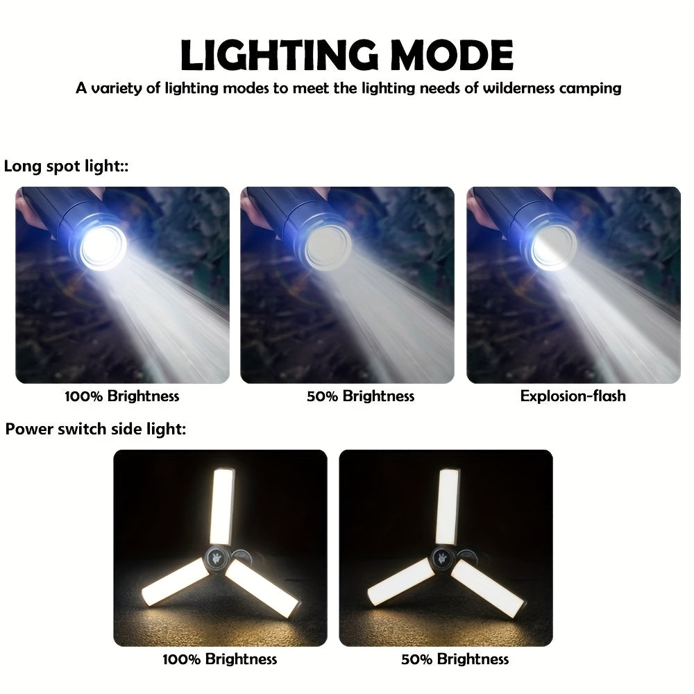2-in-1 LED Camping Light & High Bright Flashlight, 4-Section Telescopic Rod, 270° Adjustable Beam, Hook Design, Detachable Shade Cover, Dual Switch Modes, USB Rechargeable Camping Lamp with Bracket Base, Ideal for Outdoor Adventure
