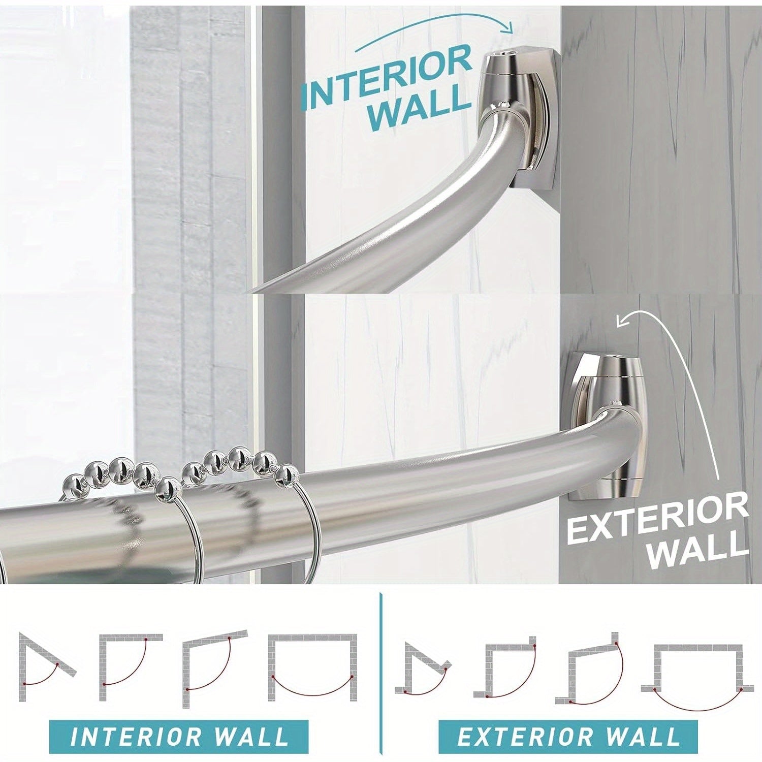 Curved Arched Shower Curtain Rod 43-72 Inch Adjustable - Rustproof Aluminum Round Shower Rod for Bathroom, Bathtub & Shower - Elegant Brushed Nickel Finish