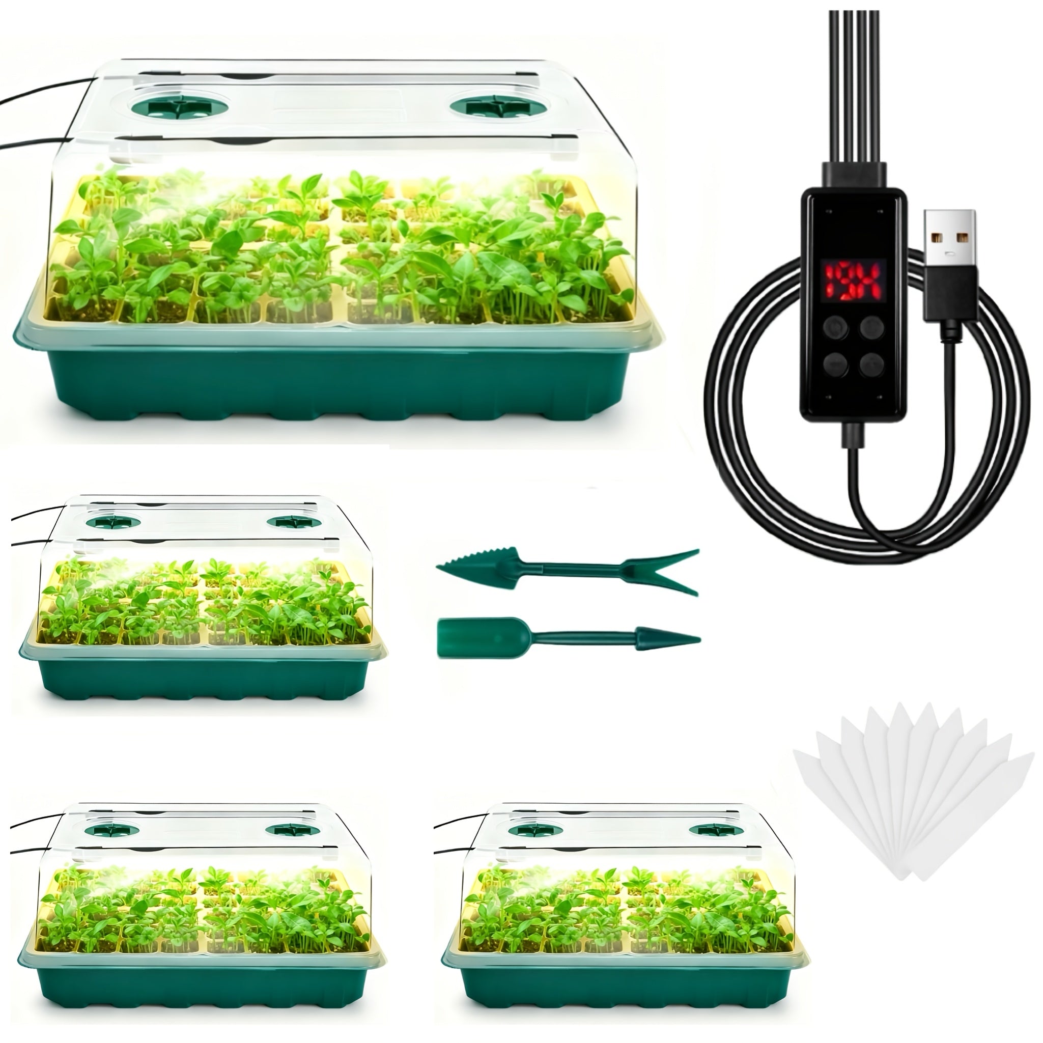 2/4 Pcs Seed Starter Tray with Grow Light, 48-Cell Germination Tray Humidity Dome Timer Dimmable Lamp, Ideal for Indoor Hydroponics Germination Kit Greenhouse Gardening Tools