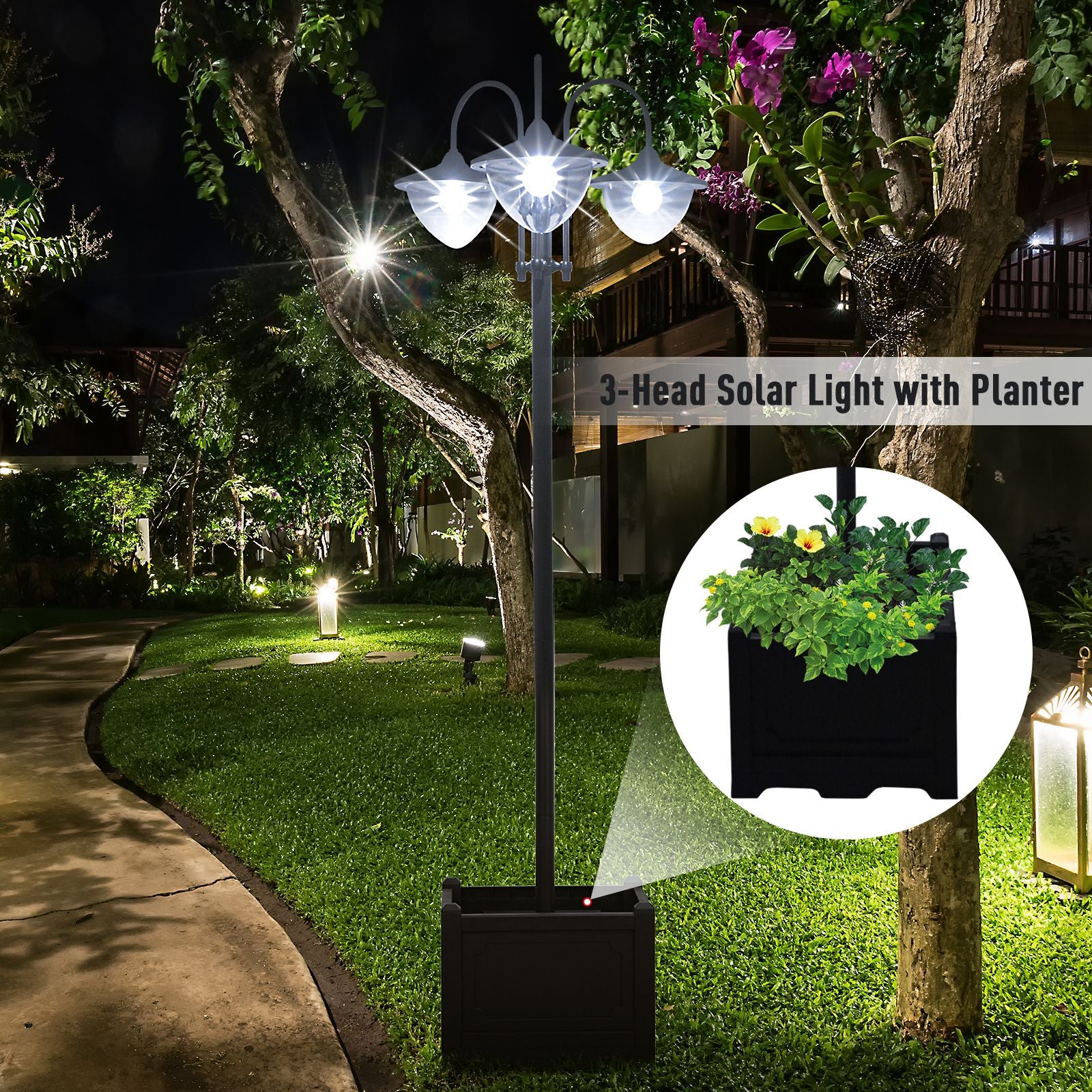 3-Head LED Solar Lamp Post Street Light with Planter, Solar Lamp Post, Black